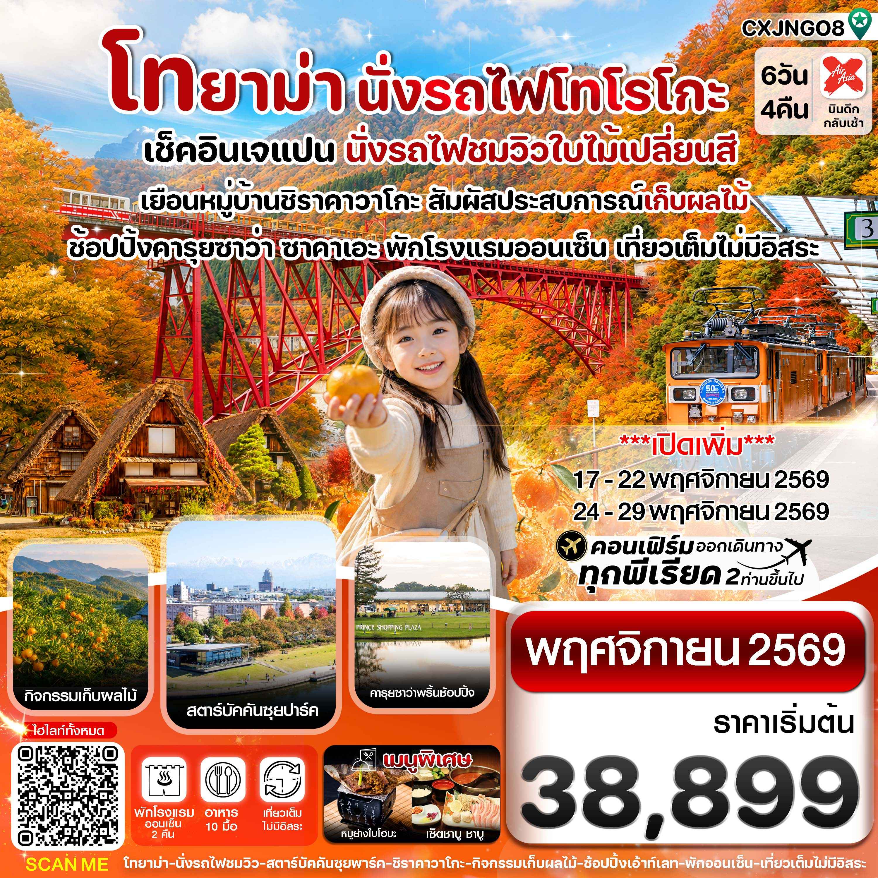โทยาม่า นั่งรถไฟโทโรโกะ ชมวิวใบไม้เปลี่ยนสี 6วัน4คืน เที่ยวเต็มไม่มีอิสระ บิน XJ (NOV 26)