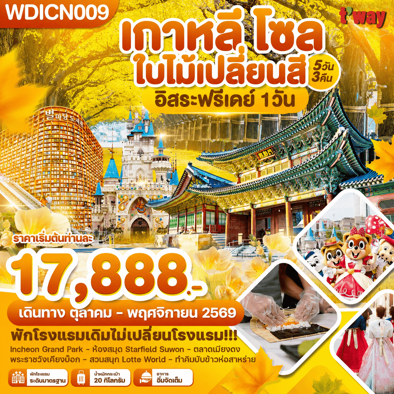 เกาหลี โซล ใบไม้เปลี่ยนสี อิสระฟรีเดย์ 1วัน 5วัน3คืน บิน TW